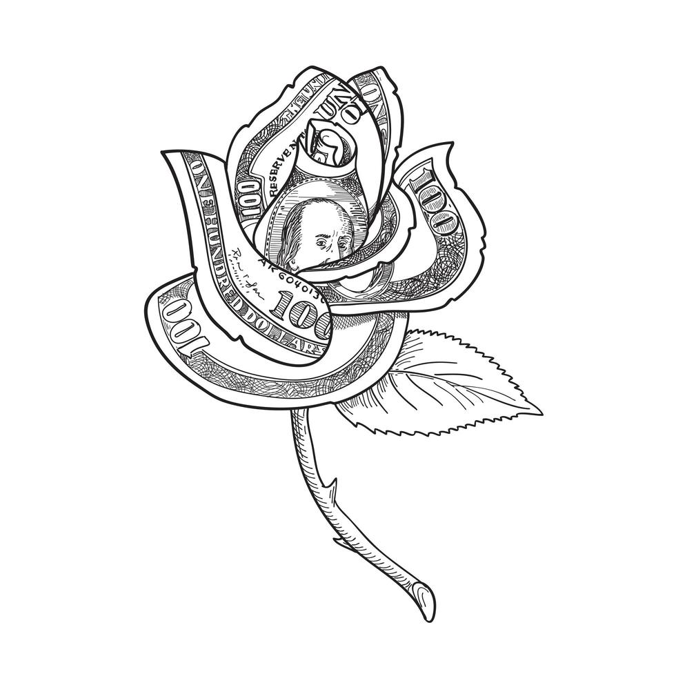 flor rosa con dinero o billete de cien dólares estadounidense impreso en pétalos dibujo en blanco y negro vector