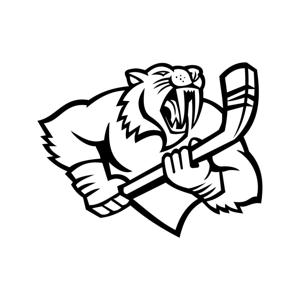 Saber Toothed Cat Holding Ice Hockey Stick Mascot Black and White vector