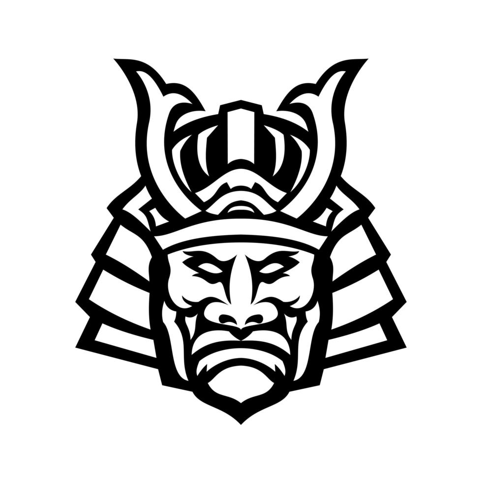 Head of Samurai Warrior Wearing Mengu or Mempo Mascot Black and White vector