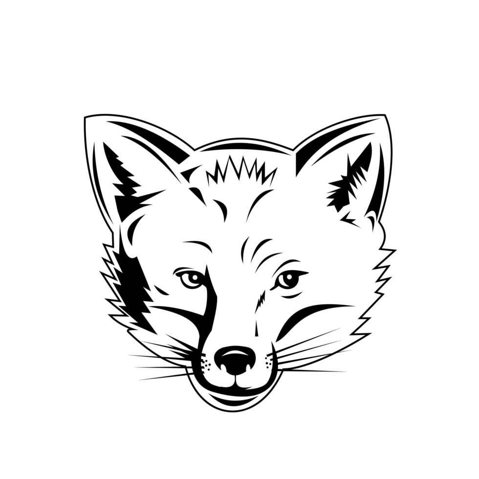 Cabeza de zorro rojo vista desde la parte delantera retro estilo blanco y negro vector