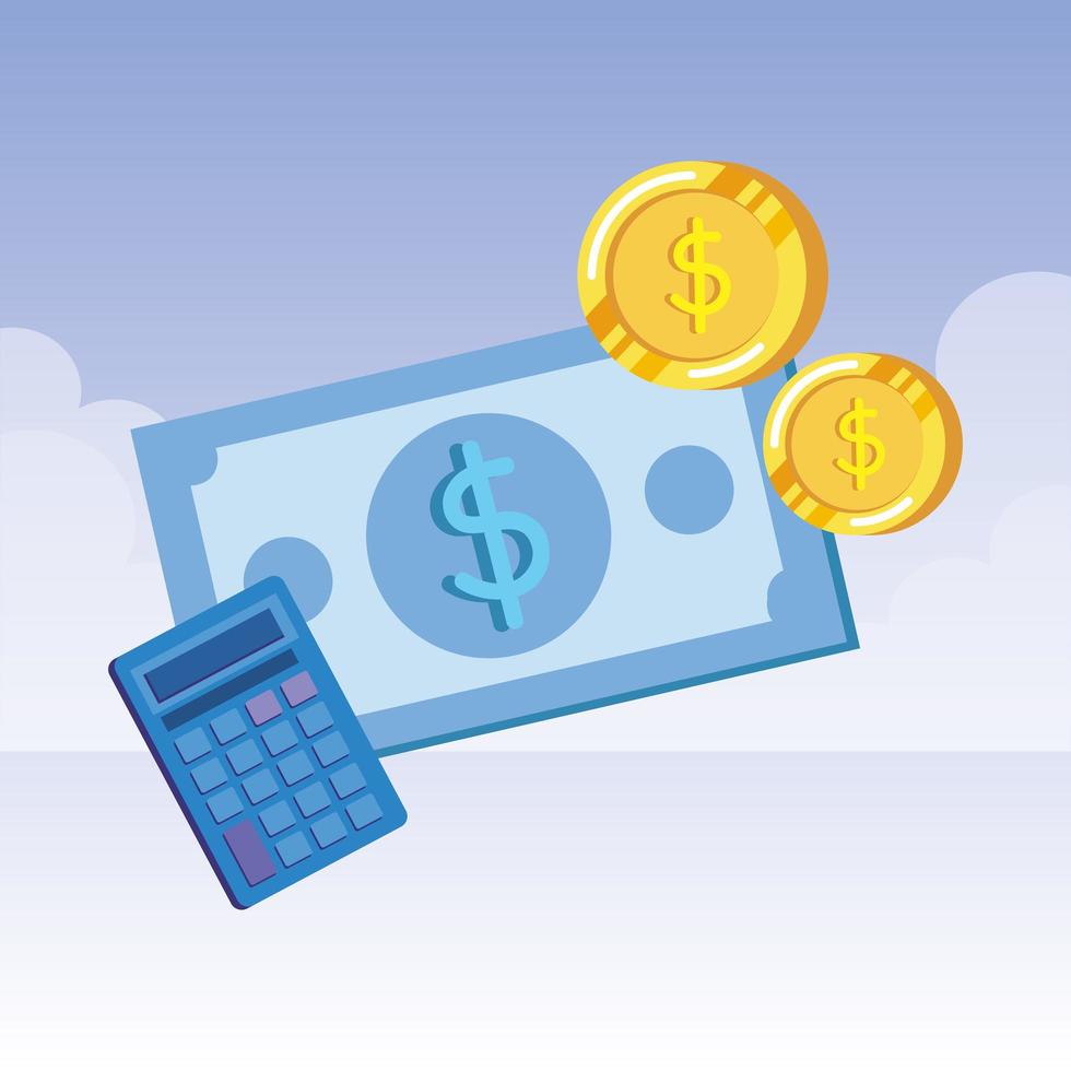 coins and bills money dollars with calculator vector