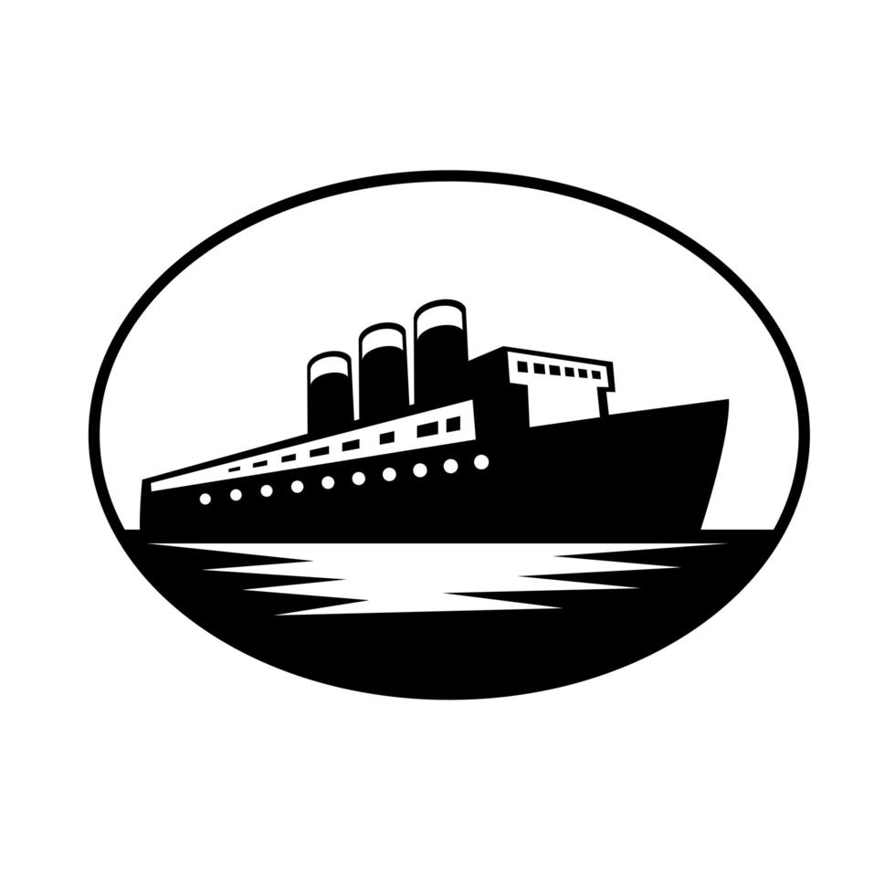 Barco de pasajeros vintage o transatlántico ovalado retro en blanco y negro vector