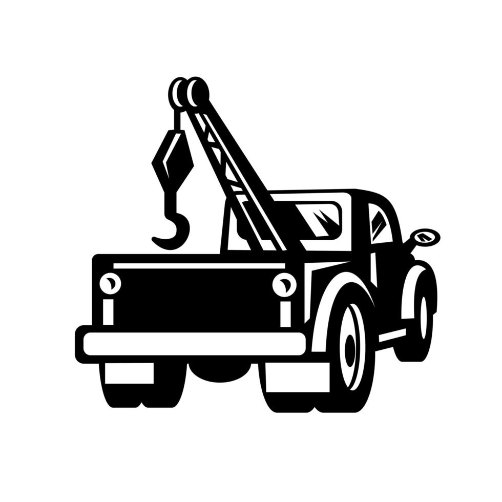 Vintage Tow Truck or Wrecker Pick-up Truck Rear View Retro Black and White vector