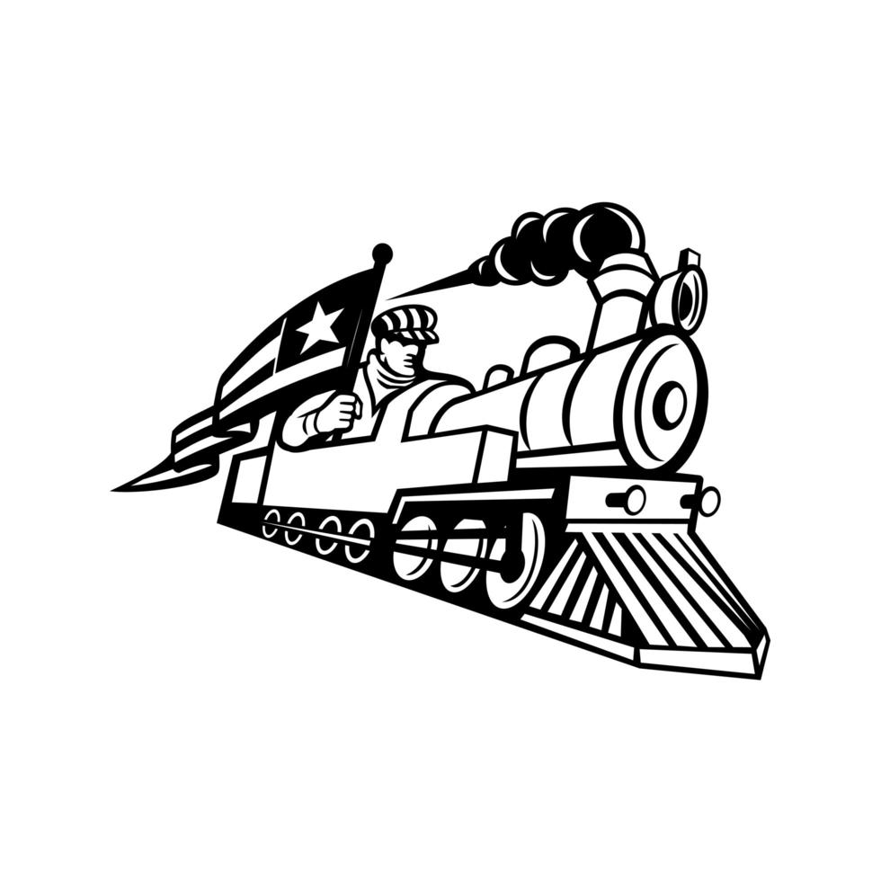 Ingeniero de trenes americano conduciendo locomotora de vapor mascota en blanco y negro vector