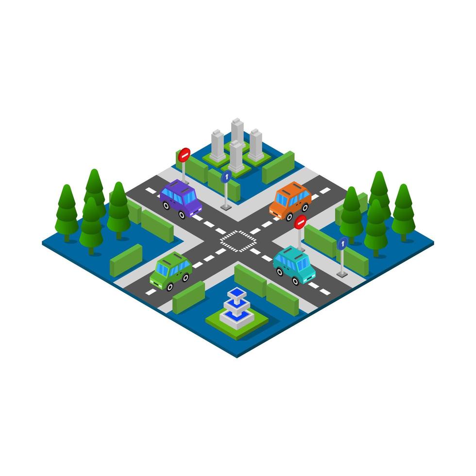 cruce de carreteras isométrico ilustrado en vector sobre fondo blanco