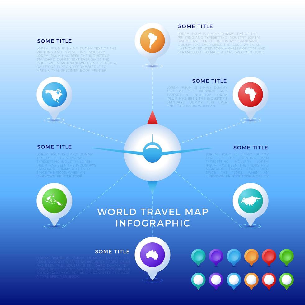 World travel map infographic template, color icons as data visualization. World map infographic vector template, color icons as data visualization