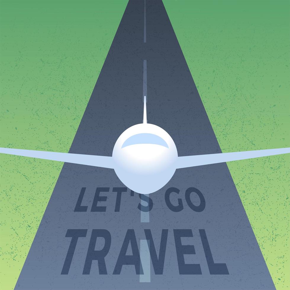 Landscape view of runway in the airport leads into the sky with plane airplane is taking off with text Let's go Travel for wallpaper,background,internet banner vector