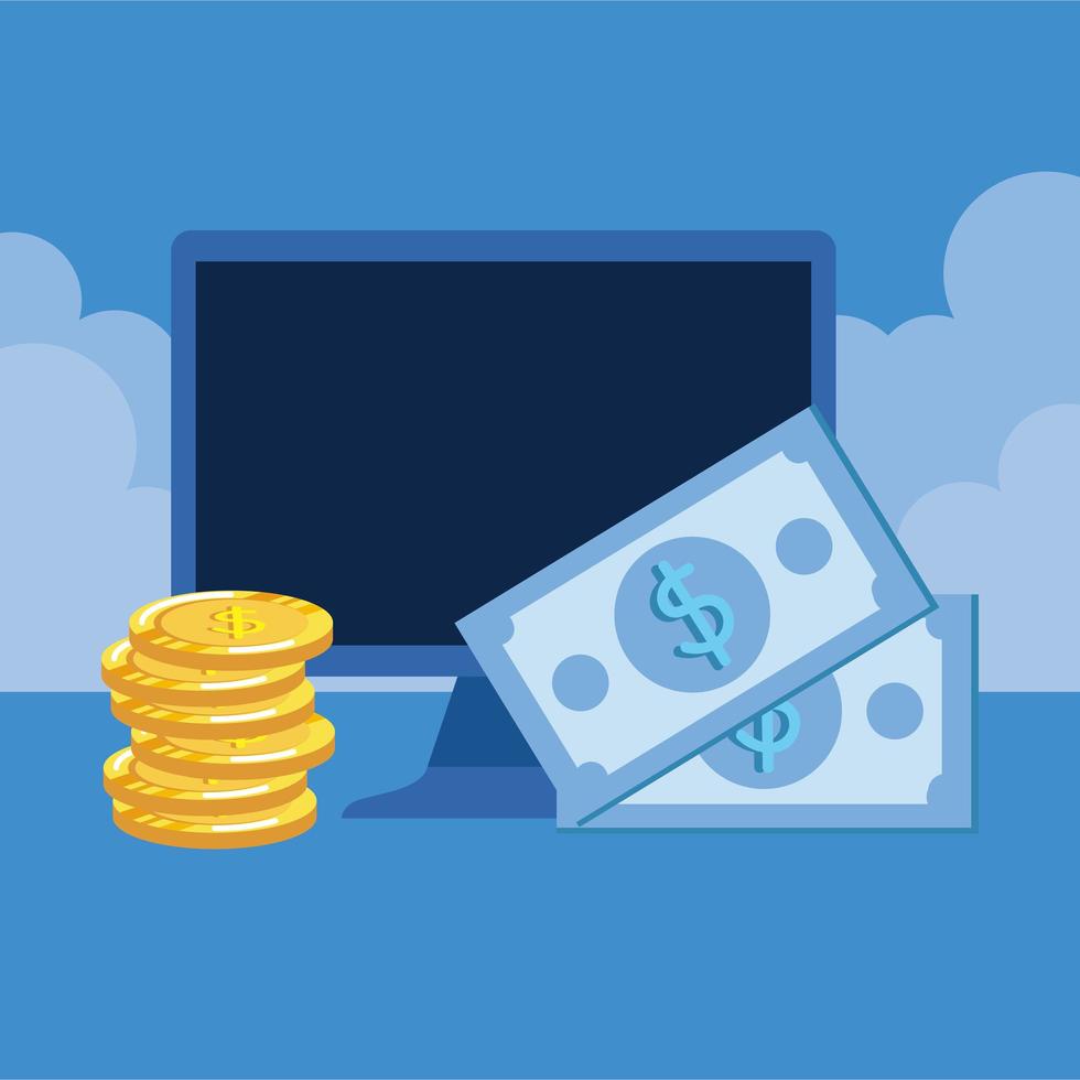 desktop computer with bills and coins vector