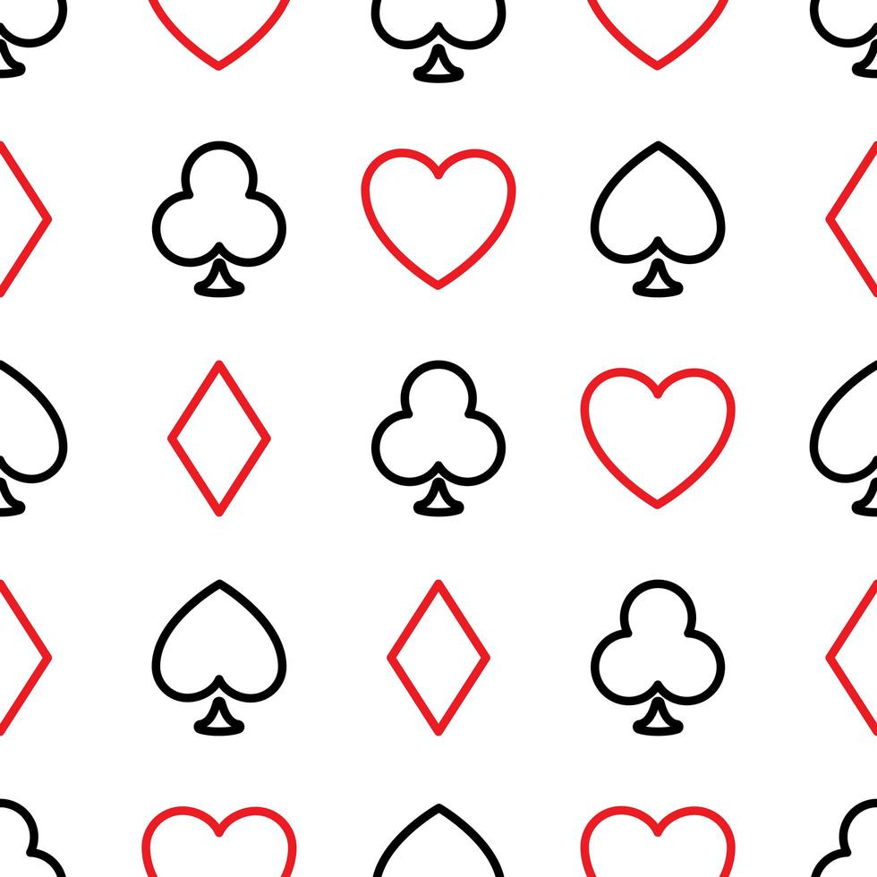 Seamless pattern background of poker suits - hearts, clubs, spades and diamonds - arranged in the rows on white background. Casino gambling theme vector illustration.