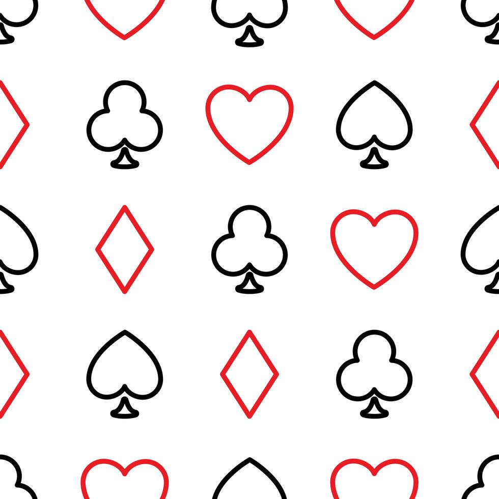 Seamless pattern background of poker suits - hearts, clubs, spades and diamonds - arranged in the rows on white background. Casino gambling theme vector illustration.