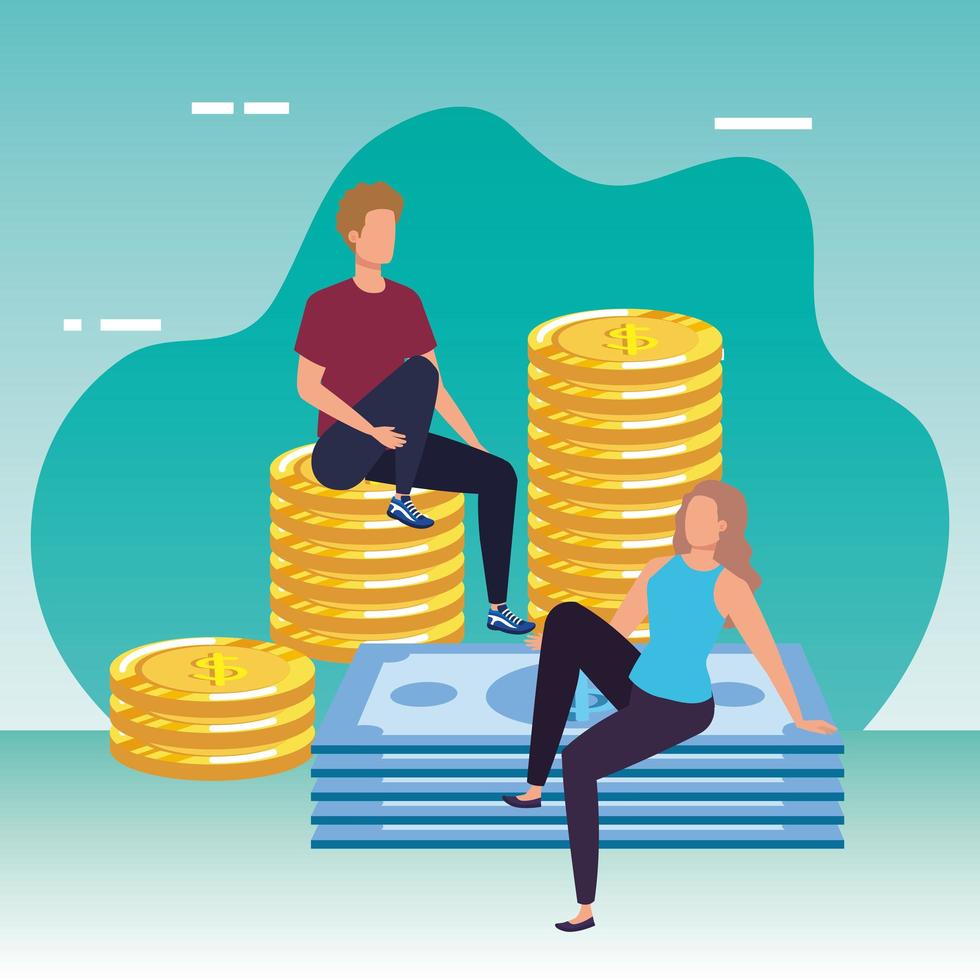 young couple with coins and bills vector