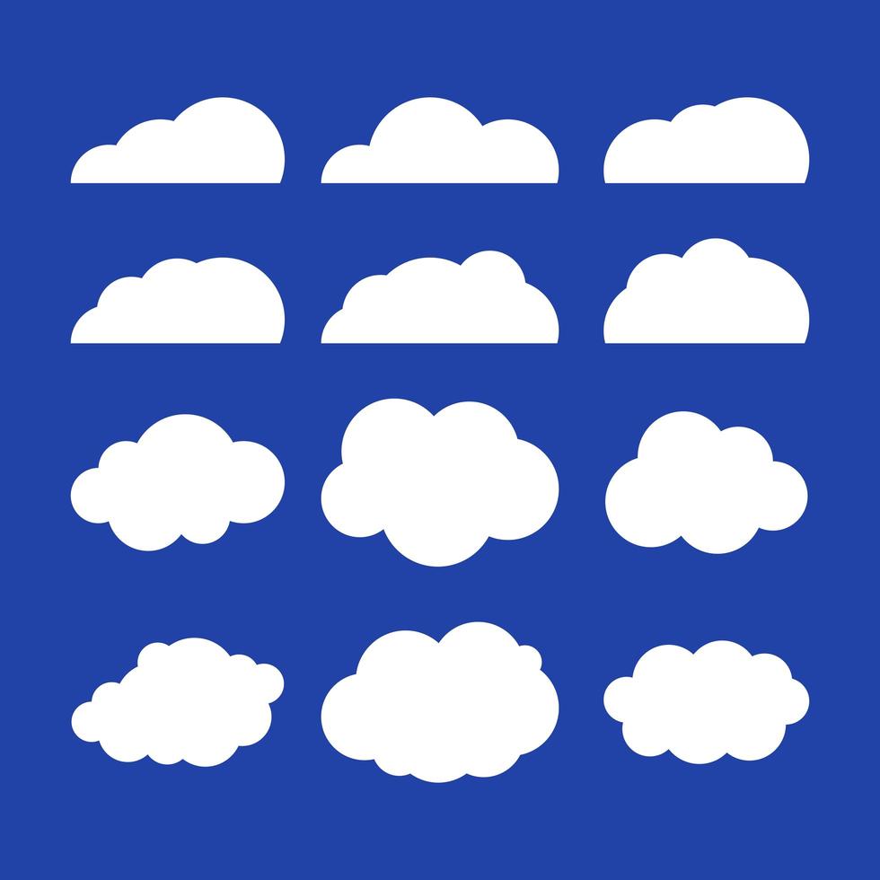 ilustración vectorial plana de nubes. conjunto de fondo de cielo azul. colección de nube de diseño plano. vector