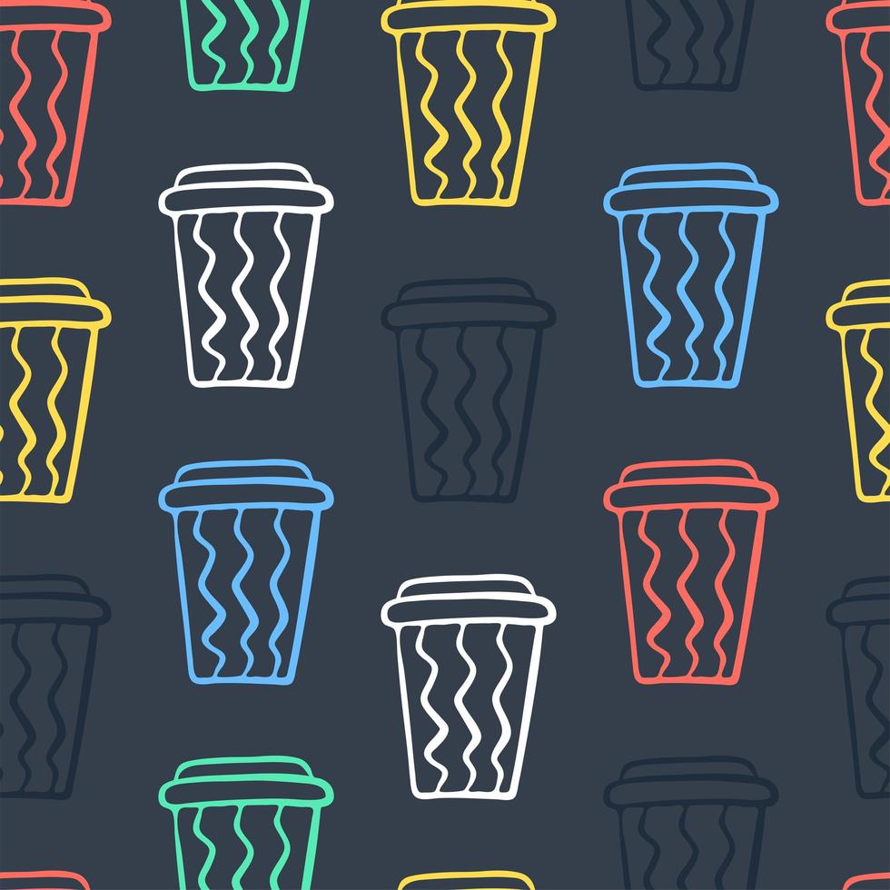 Coffee cup pattern. Vector seamless pattern with various disposable cups of coffee to go. Hand drawn doodle background