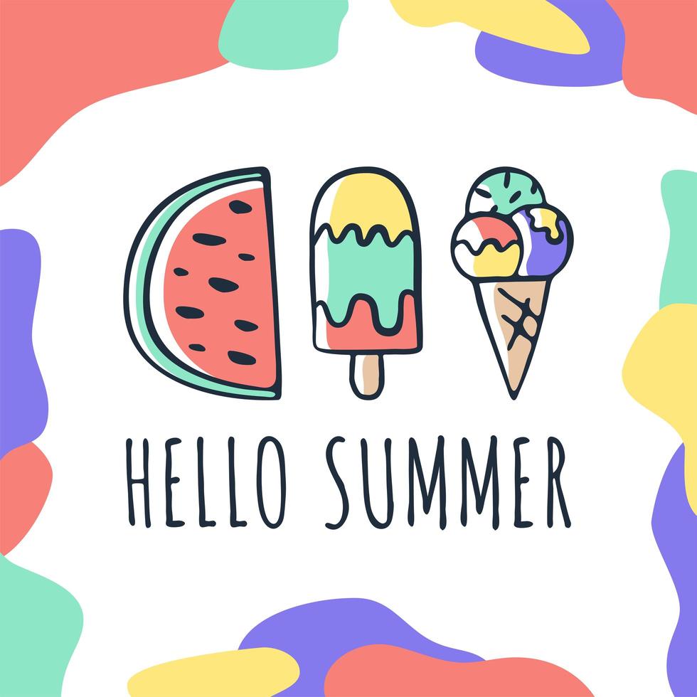 Vector hand drawn Summer Card with lettering Hello summer creative doodle elements as ice cream and watermelon. Can be use for greeting, posters