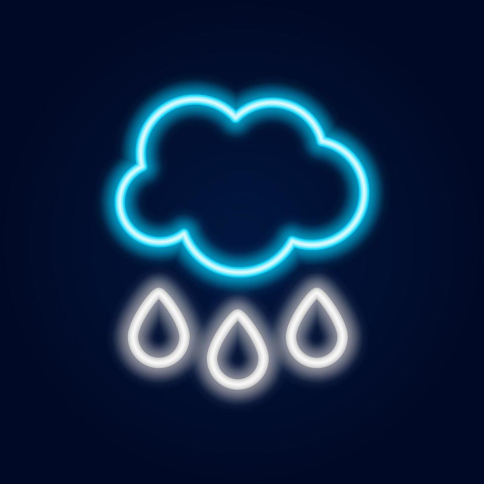 icono de clima lluvioso de neón brillante. símbolo de lluvia con nube en estilo neón para el pronóstico del tiempo en la aplicación móvil. vector