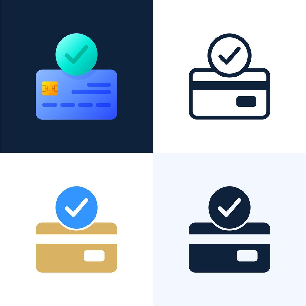 accepted payment Credit card vector stock icon set. The concept of a successful bank payment transaction. The front side of the card with a check mark in a circle.