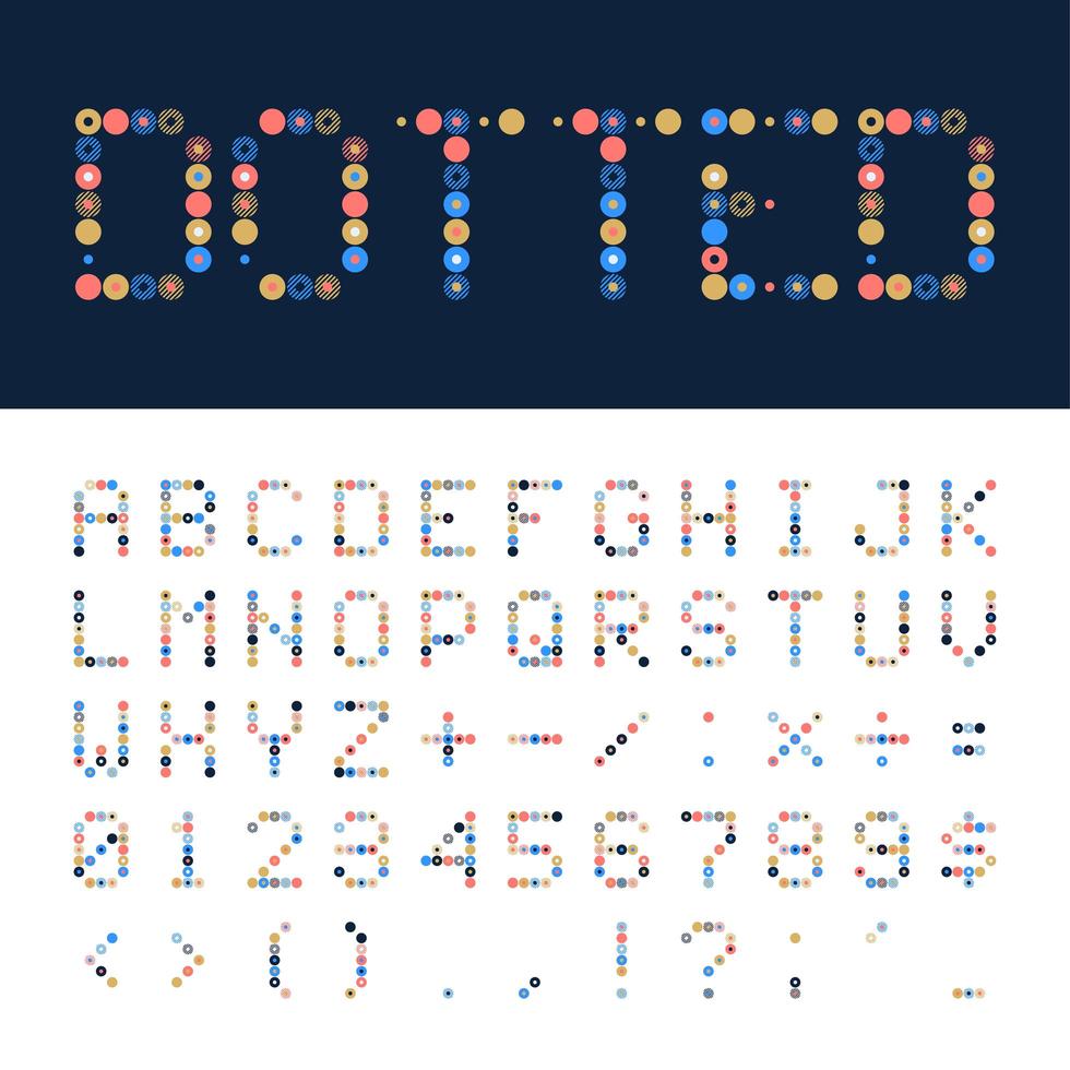 Vector Dotted font, alphabet. Retro or pop style geometrical Colorful dotted font, alphabet illustration