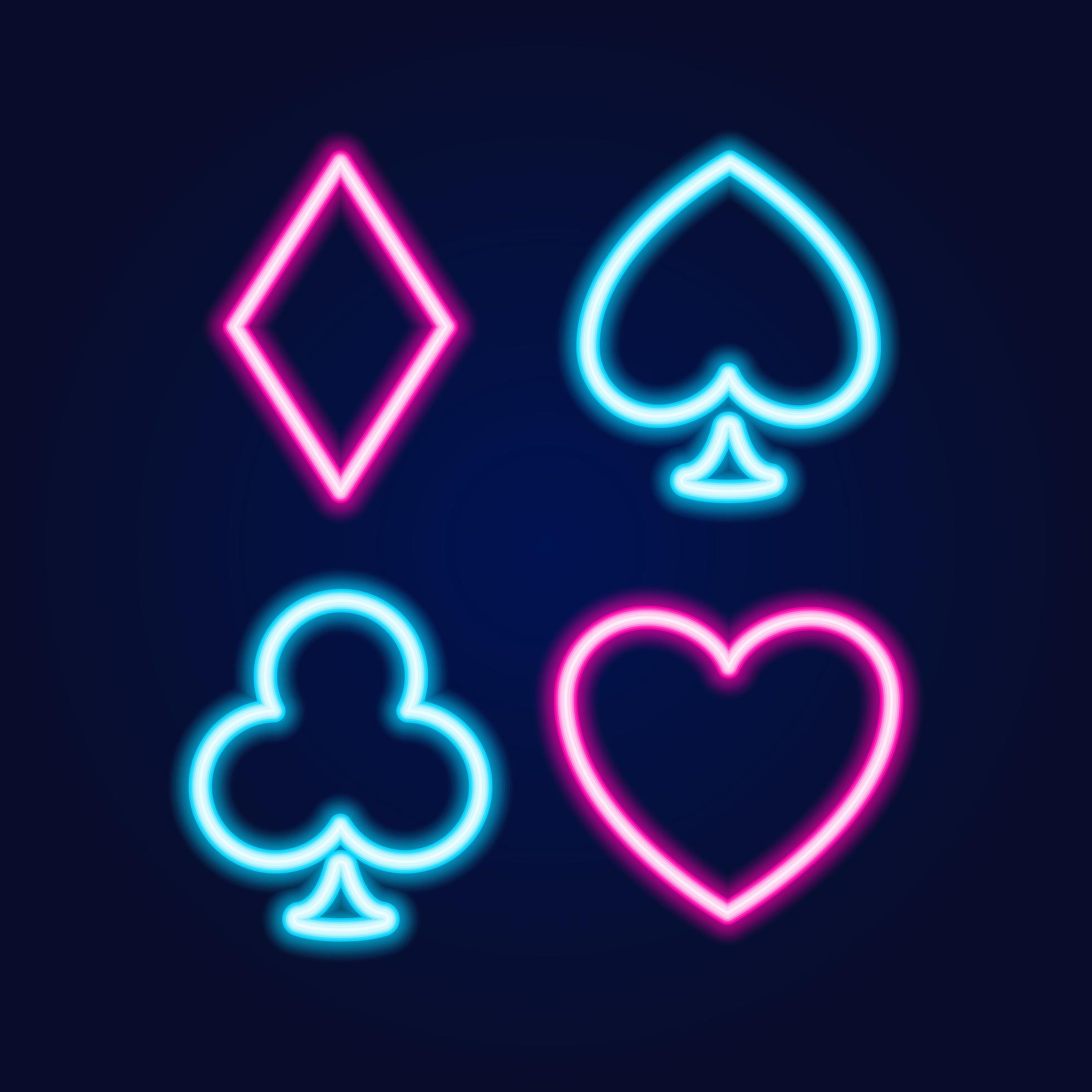 Neon lamp casino banner on blue background. Poker or blackjack card
