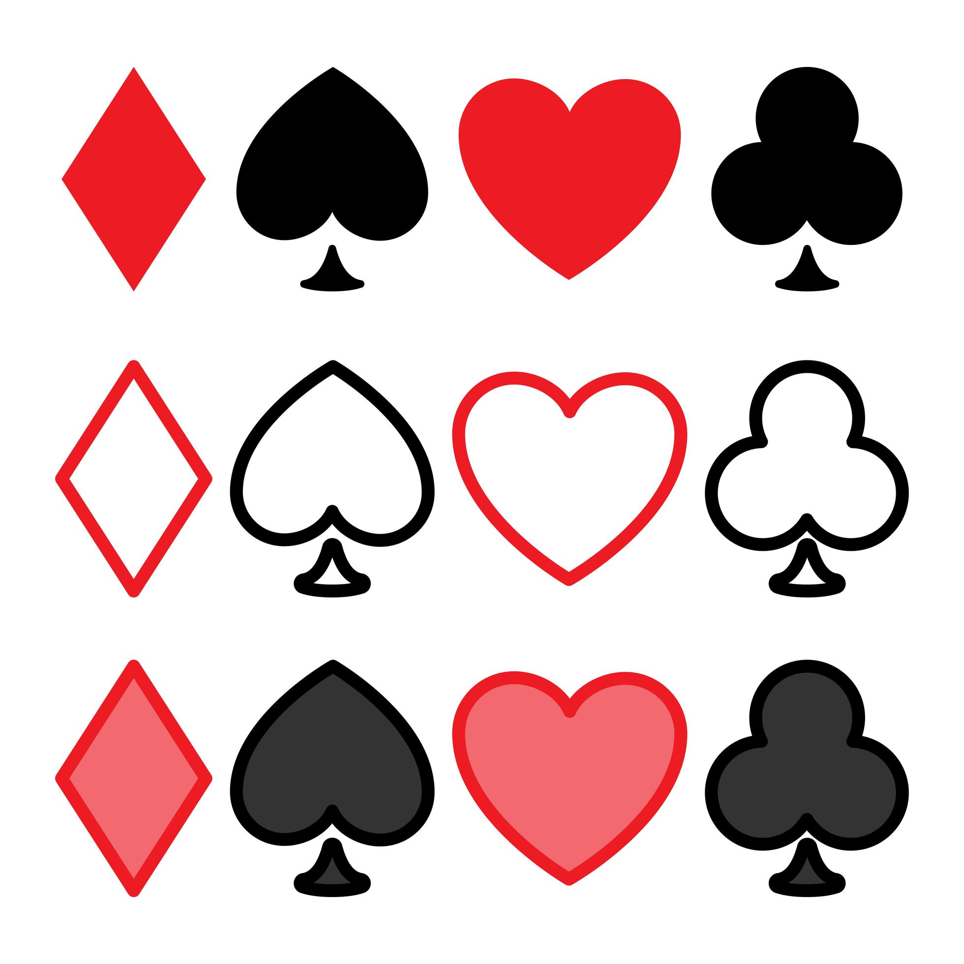 Poker icon set. Heart, spade, club and diamond. Playing card suit icons