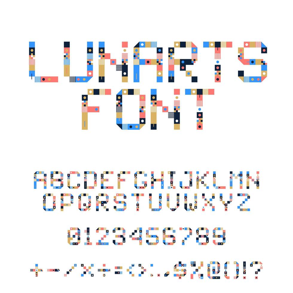 Vector Pixel Art Alphabet. Colorful Letters Consist of Modules. Letters from Strips, squares and dots. Geometric Alphabet for Posters like electronic scoreboard