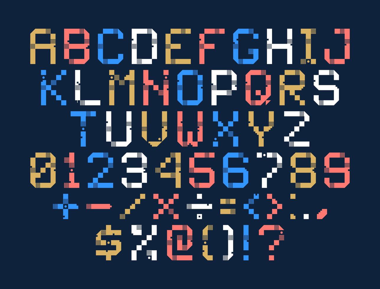 alfabeto del arte del pixel del vector. las letras de colores constan de módulos. letras de tiras, cuadrados y puntos. Alfabeto geométrico para carteles como marcador electrónico. vector