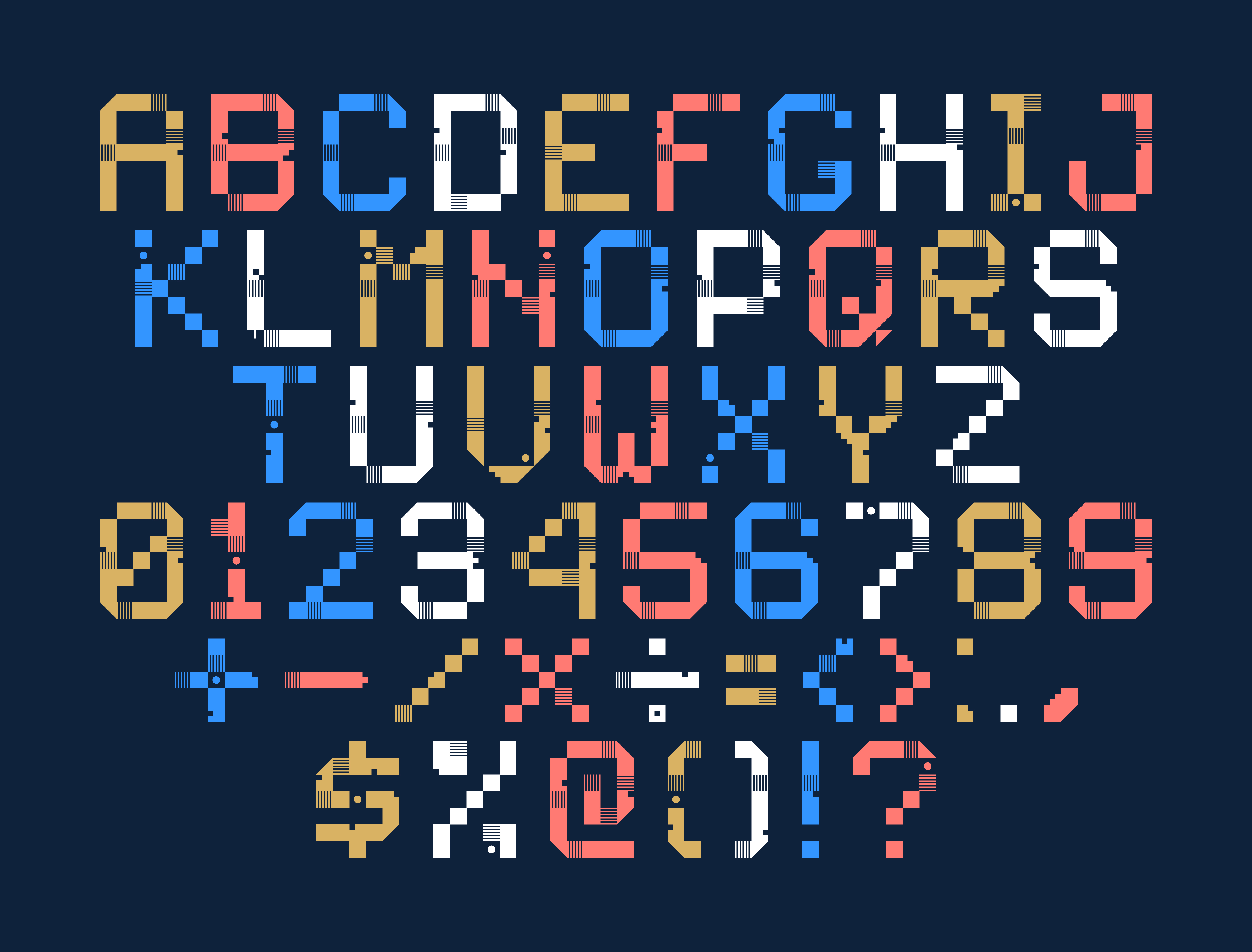 Vector Pixel Art Alphabet. Colorful Letters Consist of Modules. Letters