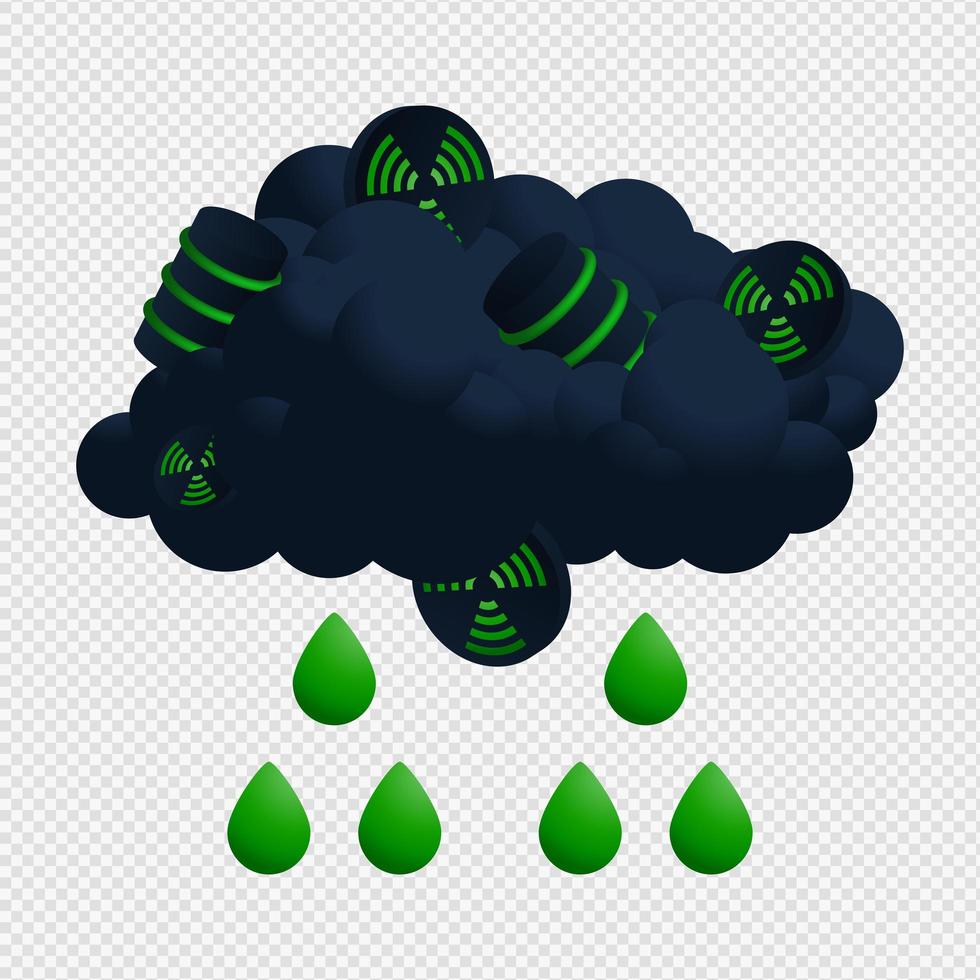 Ilustrador de vector de nube y lluvia nuclear. Icono radiactivo con diseño de vector de caída de ácido gota verde.