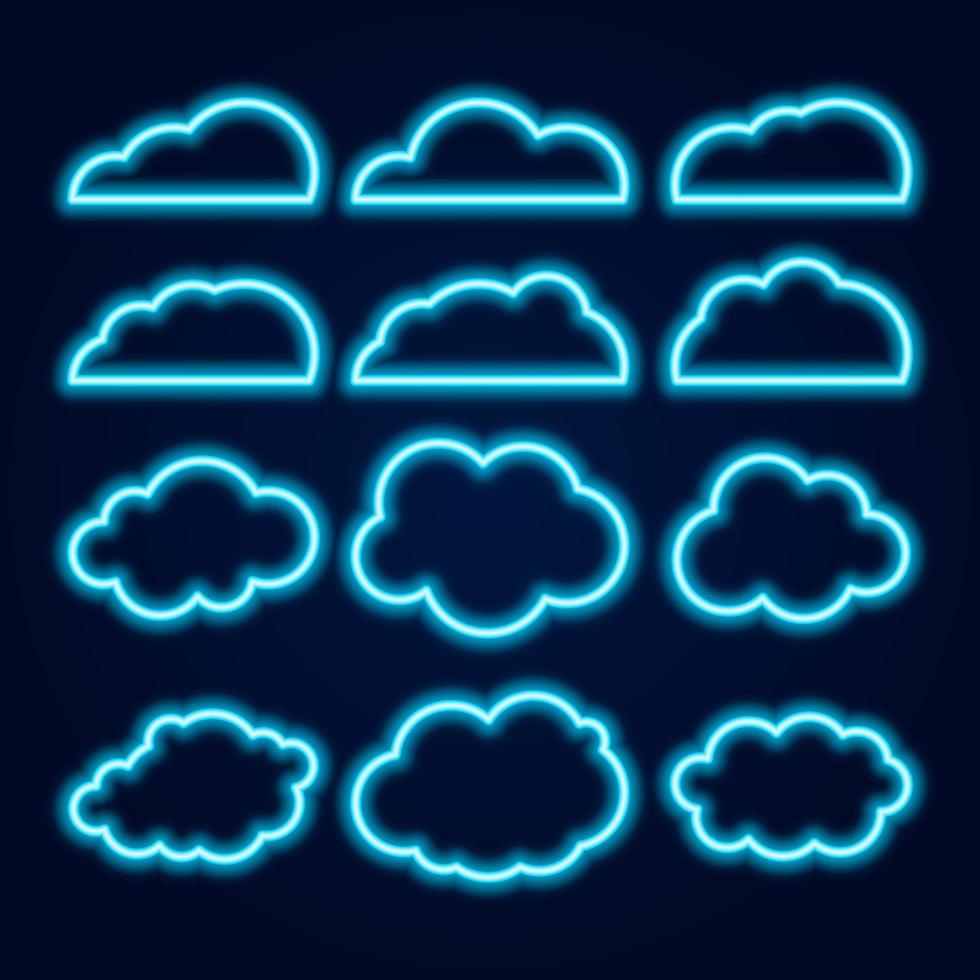 Vector Neon Cloud Icons Set, Glowing Bright Blue Lines on Dark Background