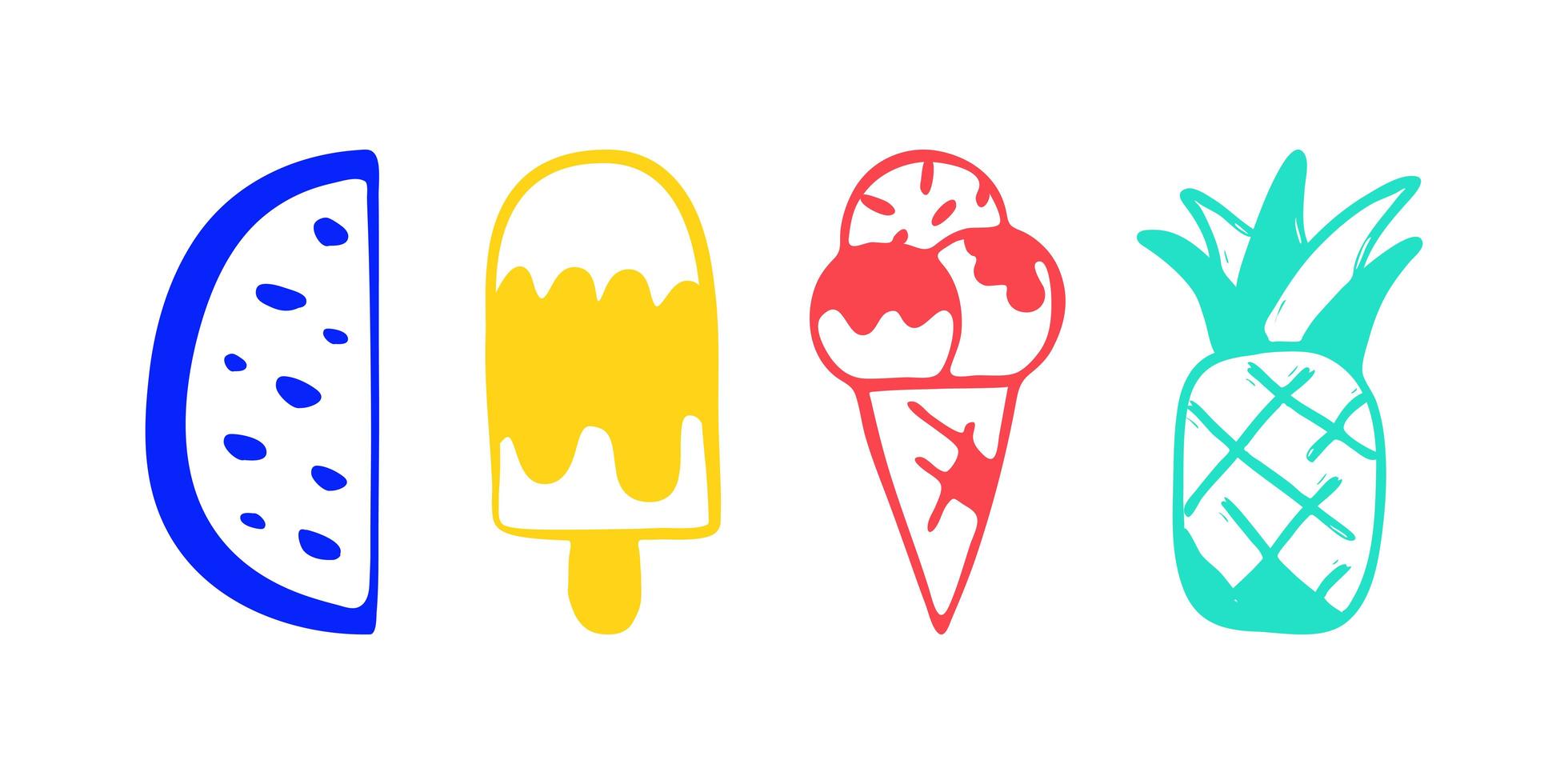 Colección de ilustraciones vectoriales de sandía y piña de helado dibujadas a mano aisladas sobre fondo vector