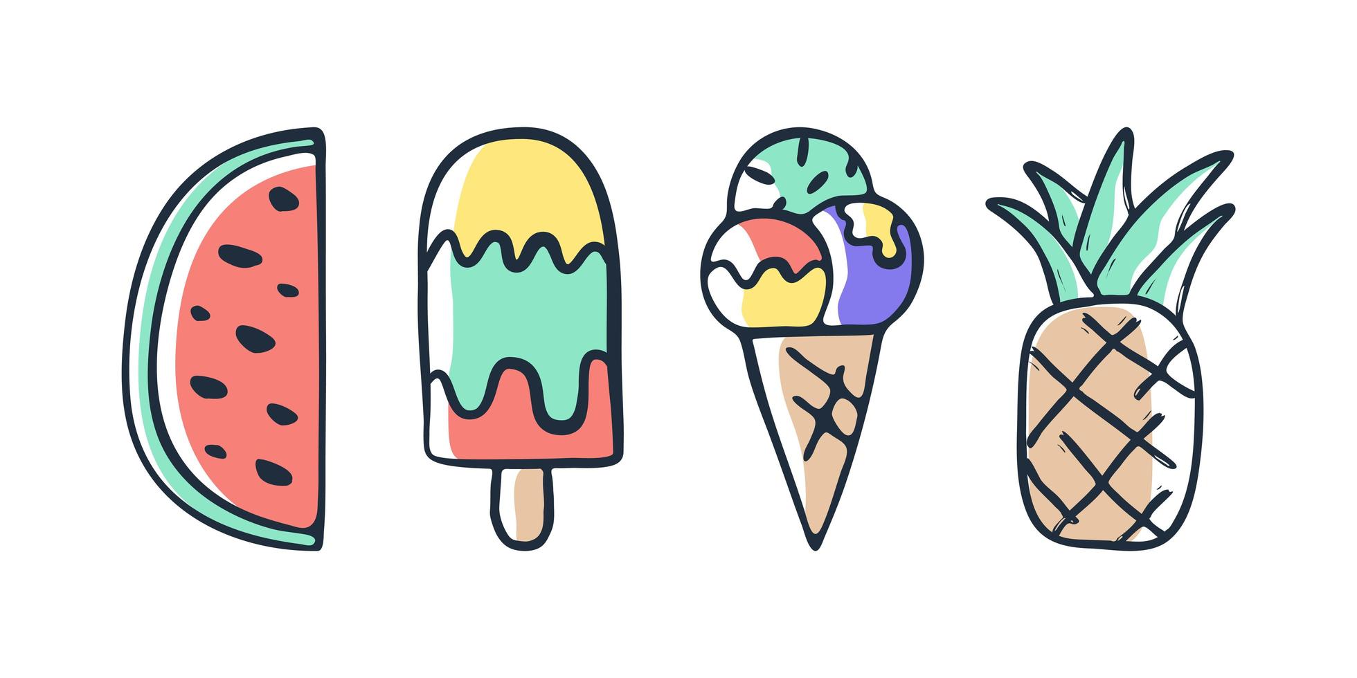 Collection of vector ice cream watermelon and pineapple illustrations drawn by hand isolated on background