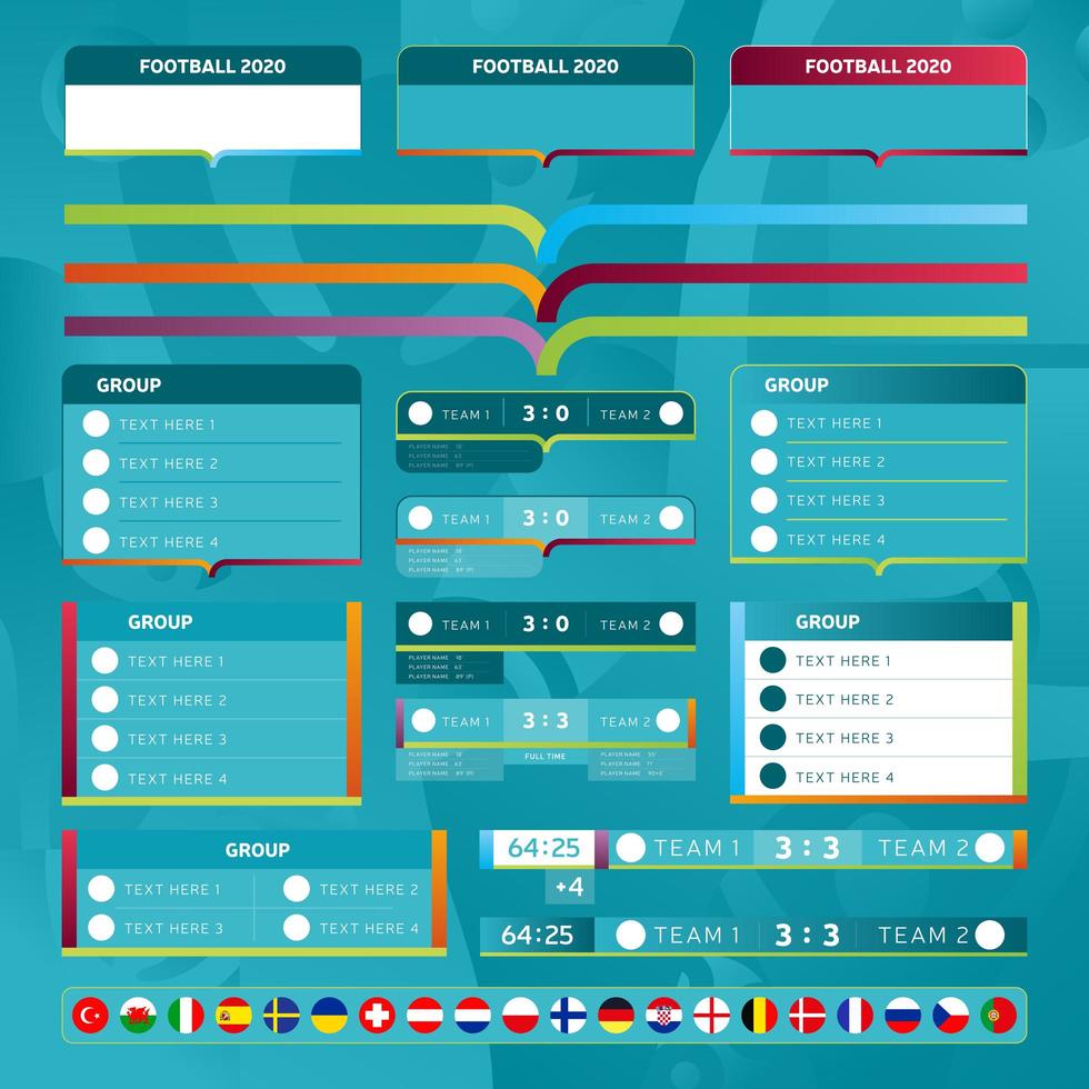 mega collection kit of templates for the European Championship 2020 vector stock set. Design of group tables, scoreboards, team flags, backgrounds and brand elements.