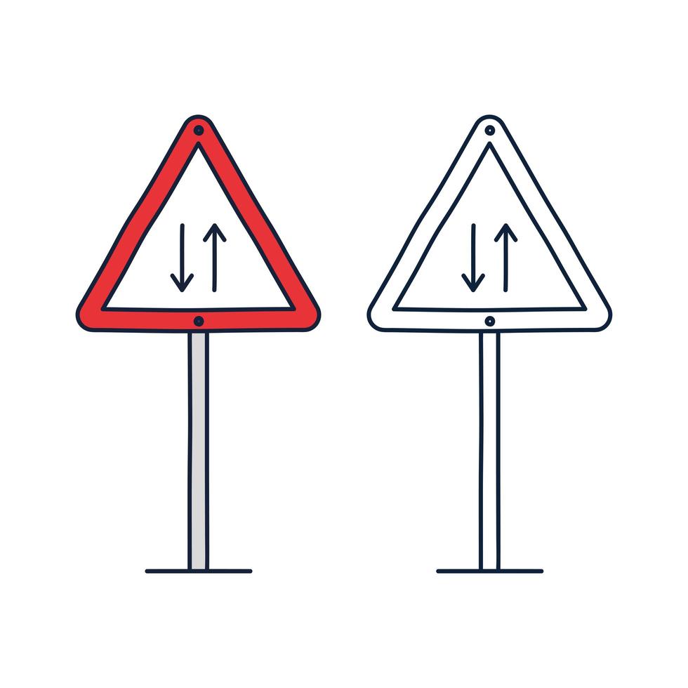 Vector illustration of triangle traffic sign for two way. Two-ways traffic road symbol in red triangle isolated on white