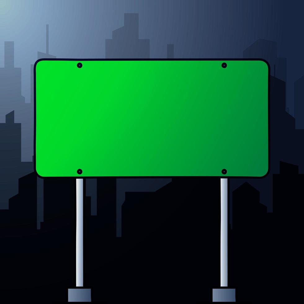 Rectangular green road sign on a background landscape of a night city. Copy space for text. vector