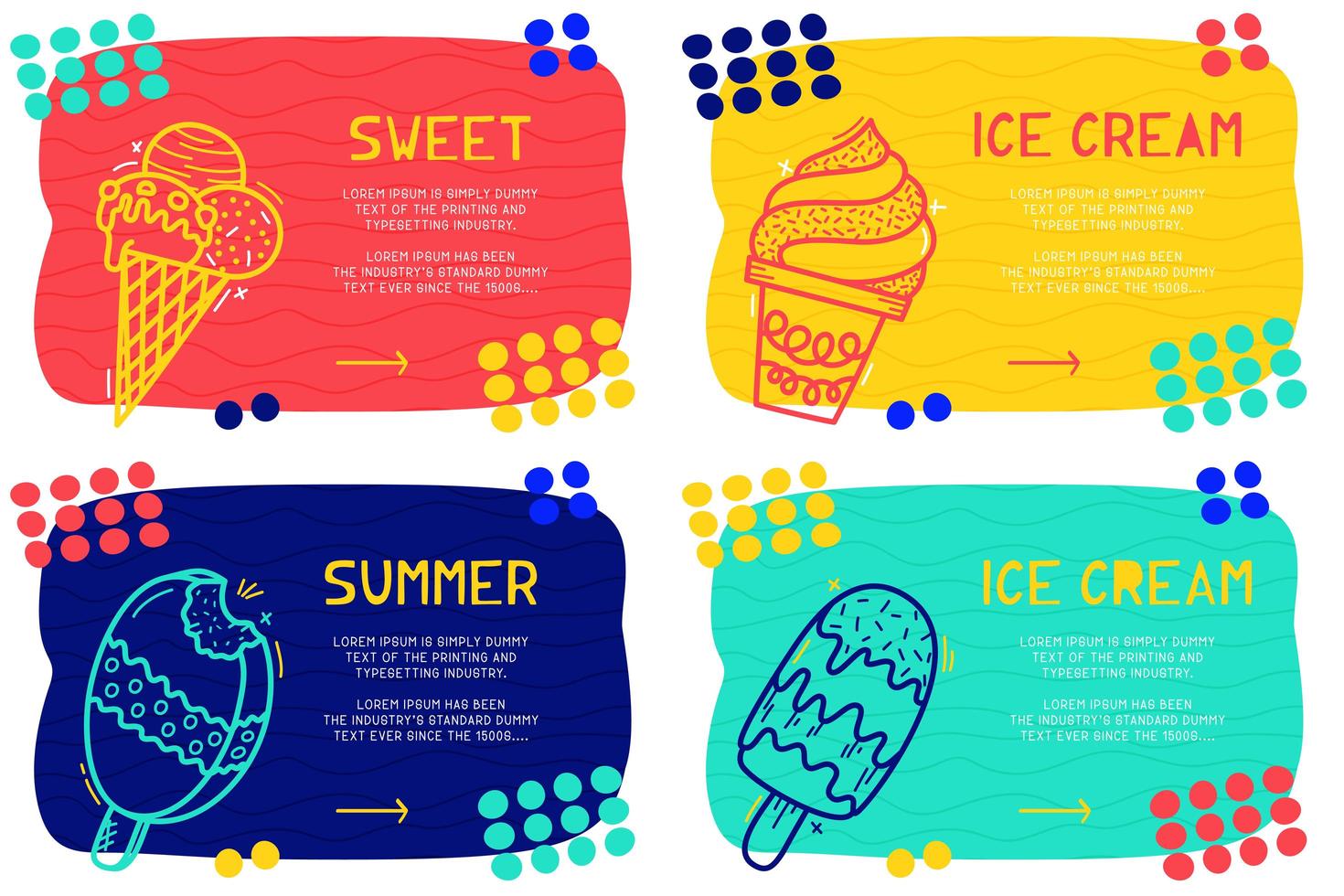 Set Abstract landing page pattern with different element, text block and doodle ice cream icon. Vector fun background