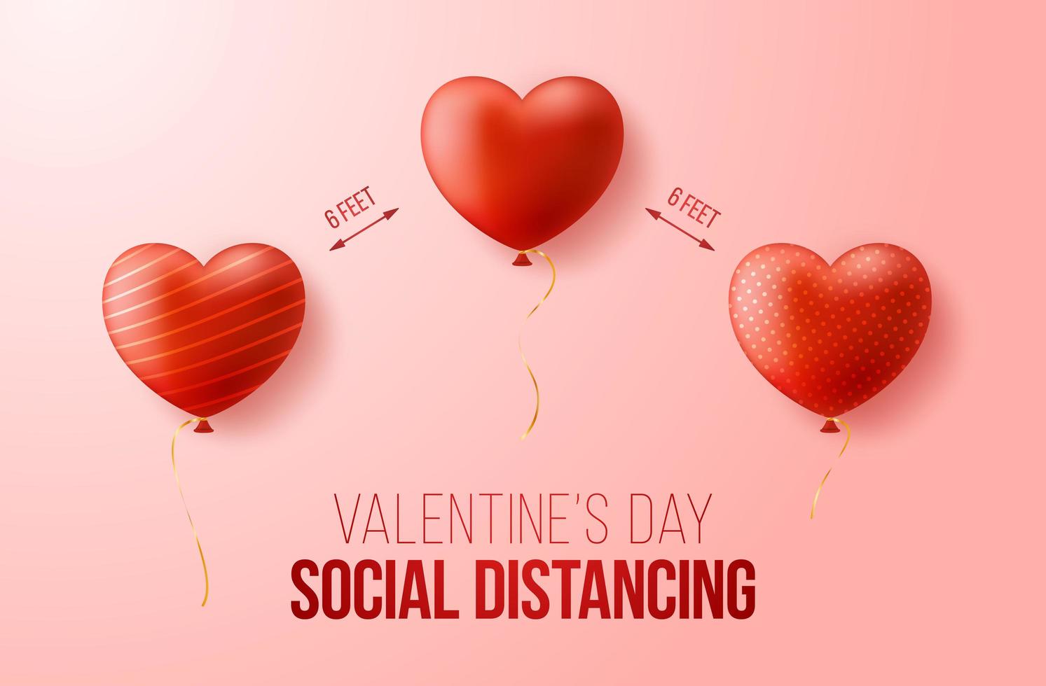 Keep a safe distance while celebrating Valentine's Day. Realistic 3D hearts are located at a distance from each other. concept of safe love during coronavirus covid vector