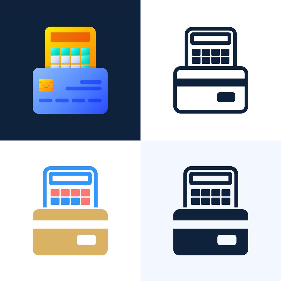 Calculator and credit card vector stock icon set. The concept of paying taxes, calculating expenses and income, paying bills. Front side of card with calculator.