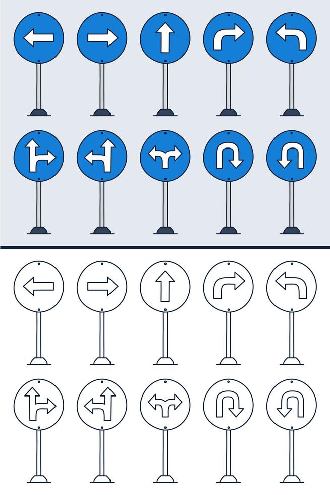 conjunto de vectores de señales de tráfico de doodle en estilo de contorno colorido y doodle. iconos de señales de tráfico dibujados a mano aislados sobre fondo blanco.