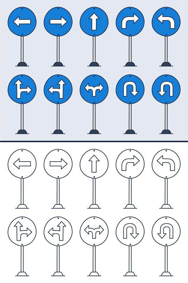 Vector set of doodle road signs in colorful and doodle outline style. Hand-drawn traffic sign icons isolated on white background.
