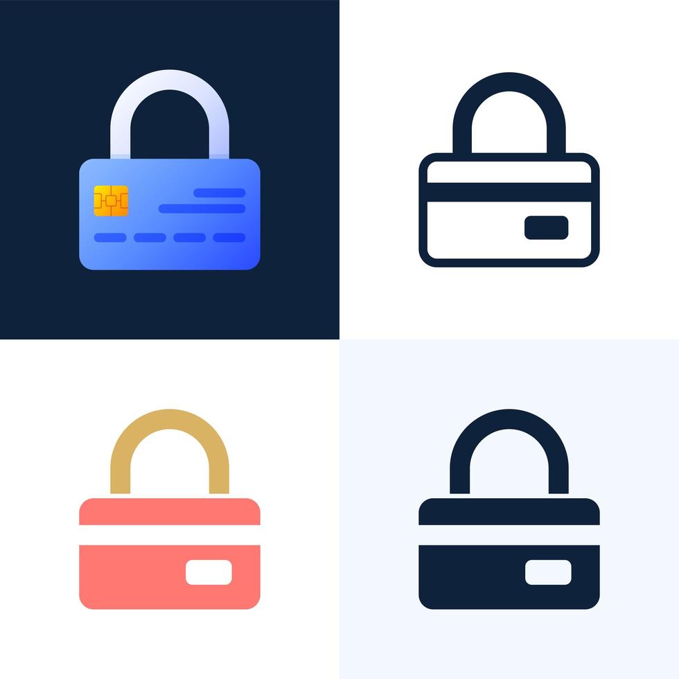 Padlock with credit card vector stock icon set. The concept of protection, security, reliability of a bank account. Front side of the card with a closed lock.