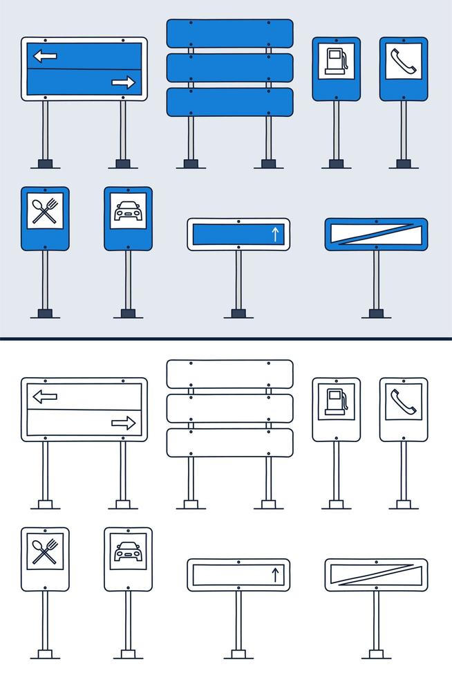 Vector set of doodle road signs in colorful and doodle outline style. Hand-drawn traffic sign icons isolated on white background.