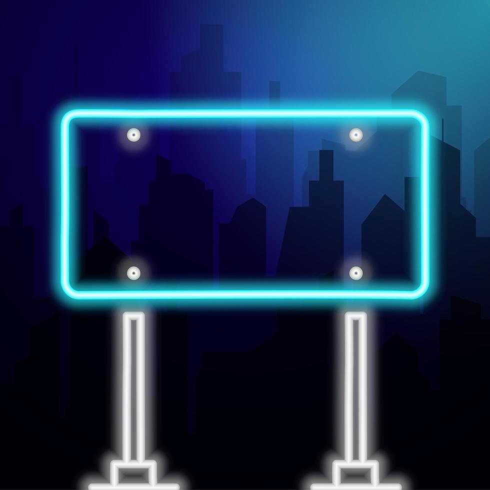 Rectangular neon road sign on a background landscape of a night city. Copy space for text. vector