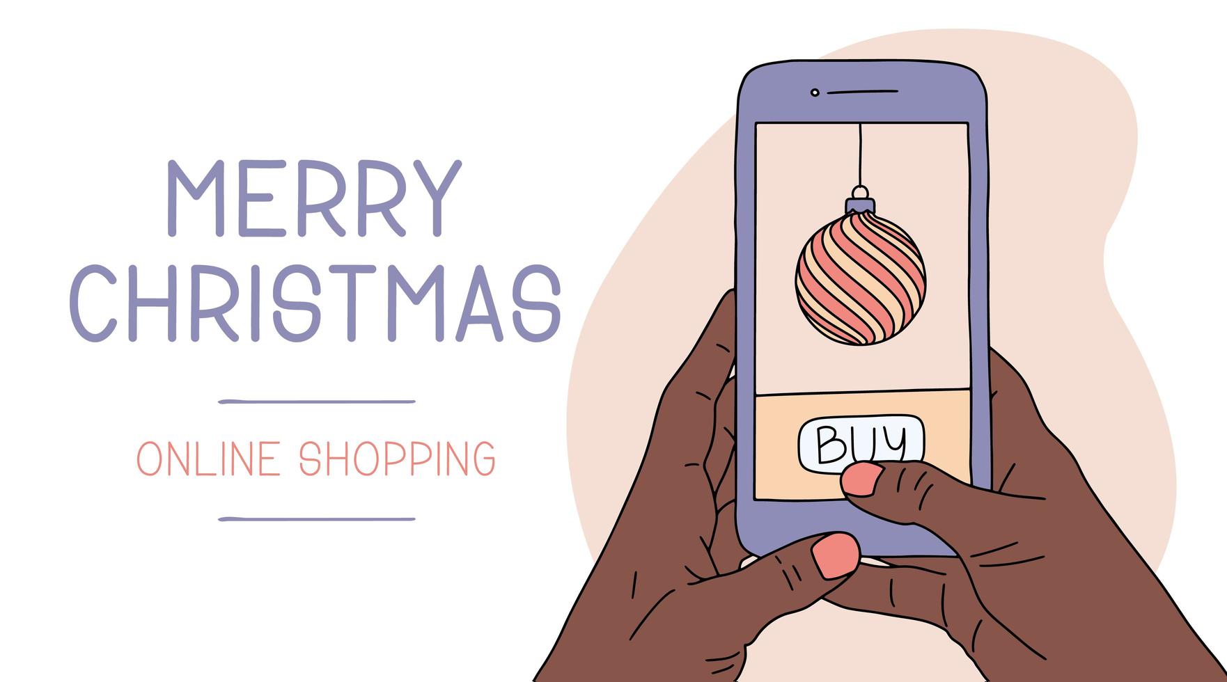 African Woman or man hand holding smartphone. Christmas Online shopping. New year holiday flat cartoon illustrations. Vector illustration