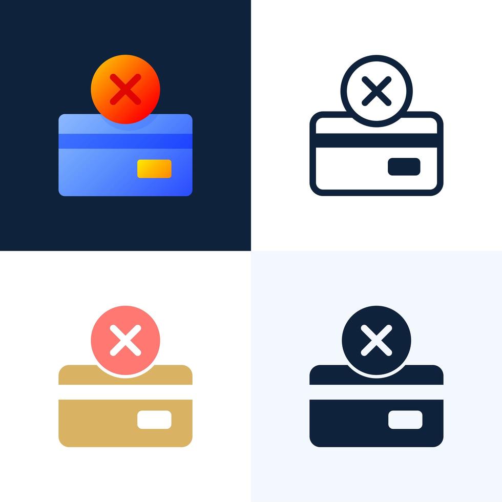 Declined payment Credit card vector stock icon set. Concept of unsuccessful bank payment transaction. The back side of the card with the cancellation mark is a cross.