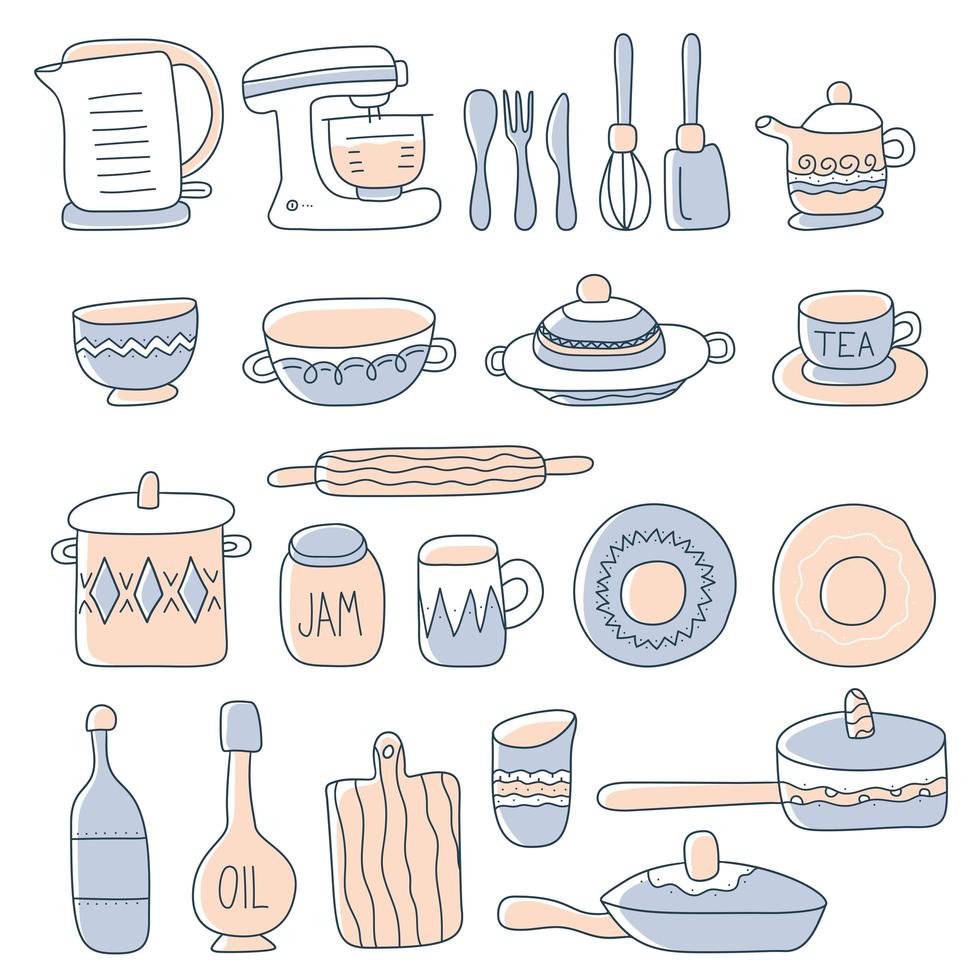 colección de cristalería, menaje y utensilios de cocina. conjunto de utensilios de cocina para cocinar en casa y herramientas para la preparación de alimentos aislado sobre fondo blanco. Ilustración de vector de color en estilo doodle.