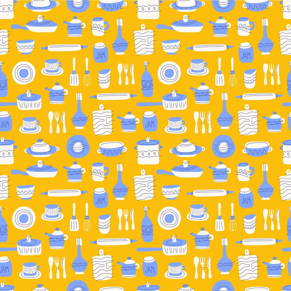 Kitchen seamless pattern of decorative tableware items. Ceramic utensils or crockery - cups, dishes, bowls, pitchers. Vector illustration in flat style with colorful texture.