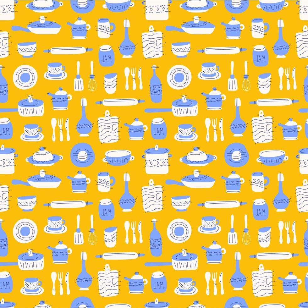 Kitchen seamless pattern of decorative tableware items. Ceramic utensils or crockery - cups, dishes, bowls, pitchers. Vector illustration in flat style with colorful texture.
