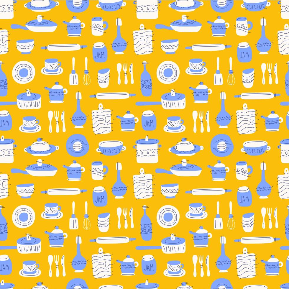 cocina de patrones sin fisuras de artículos de vajilla decorativa. Utensilios de cerámica o vajilla: tazas, platos, tazones, jarras. ilustración vectorial en estilo plano con textura colorida. vector