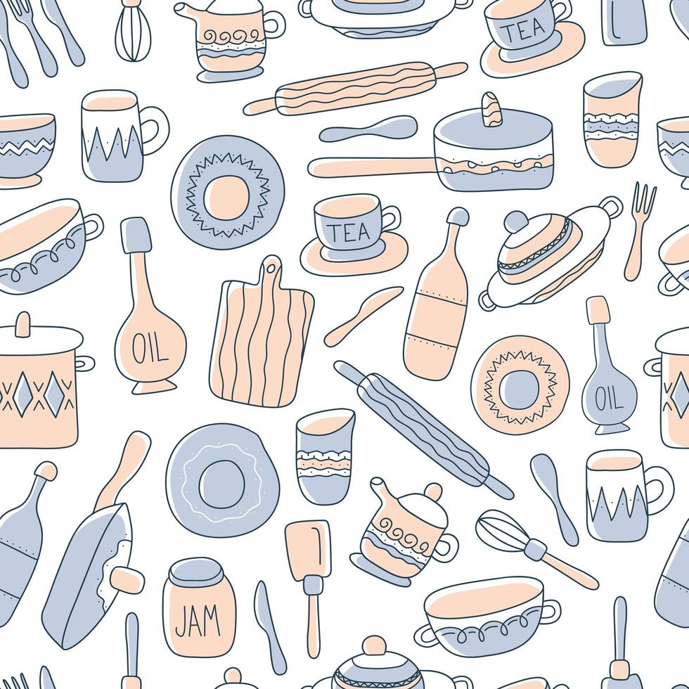 Kitchen seamless pattern of decorative tableware items. Ceramic utensils or crockery - cups, dishes, bowls, pitchers. Vector illustration in flat style with outline texture.