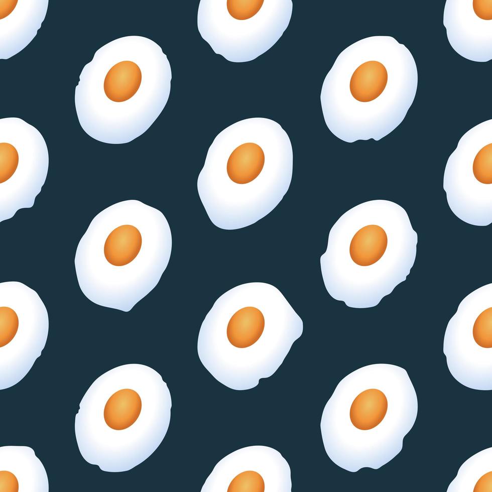 Fried eggs flat vector seamless pattern. Morning food, fast cooking dish on dark background. Healthy breakfast. Natural organic farm product.