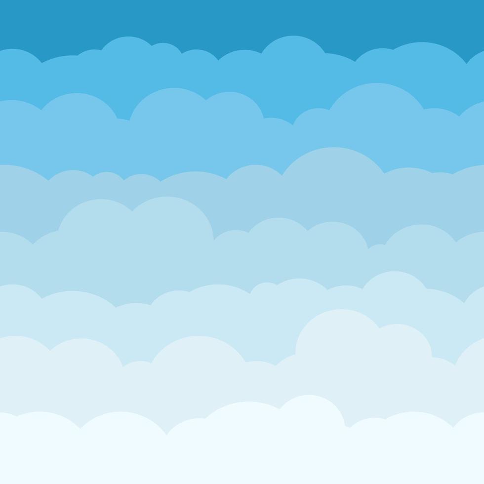 Cloud sky cartoon background. Blue sky with white clouds flat poster or flyer, cloudscape panorama pattern vector. Seamless colored abstract fluffy texture vector
